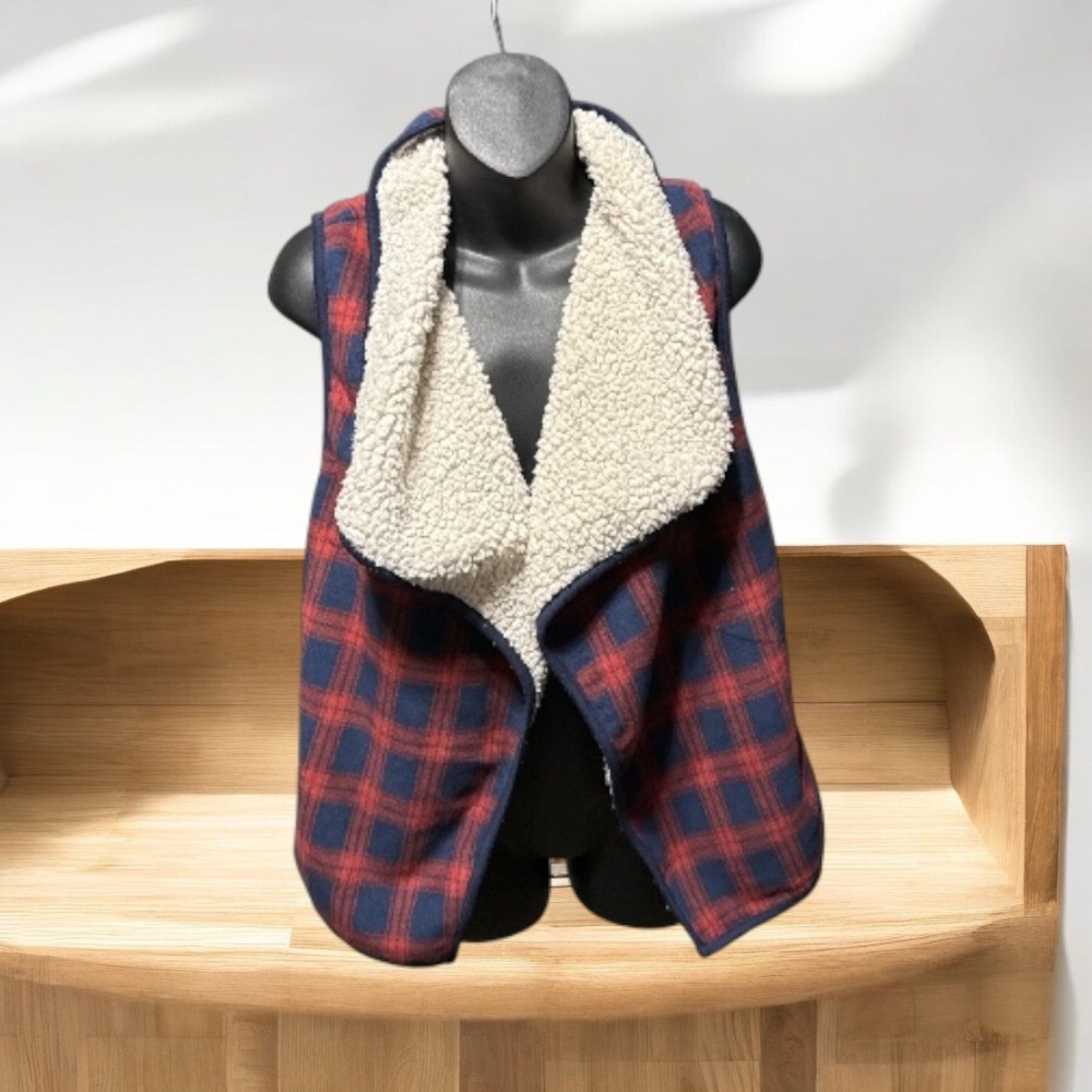 C. Brand maroon navy blue Plaid Sherpa-Lined Vest - Red and Blue